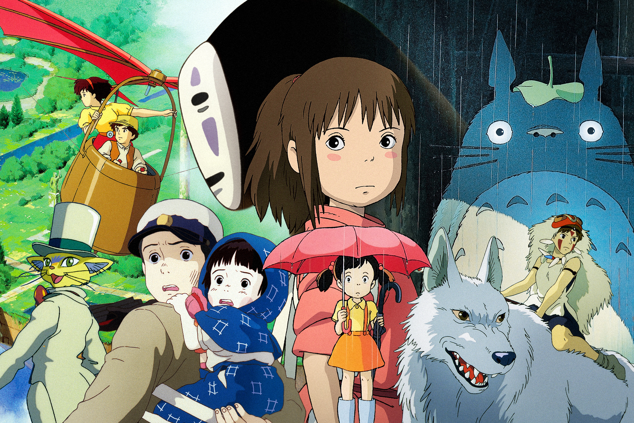 A collage of characters from famous Studio Ghibli films.